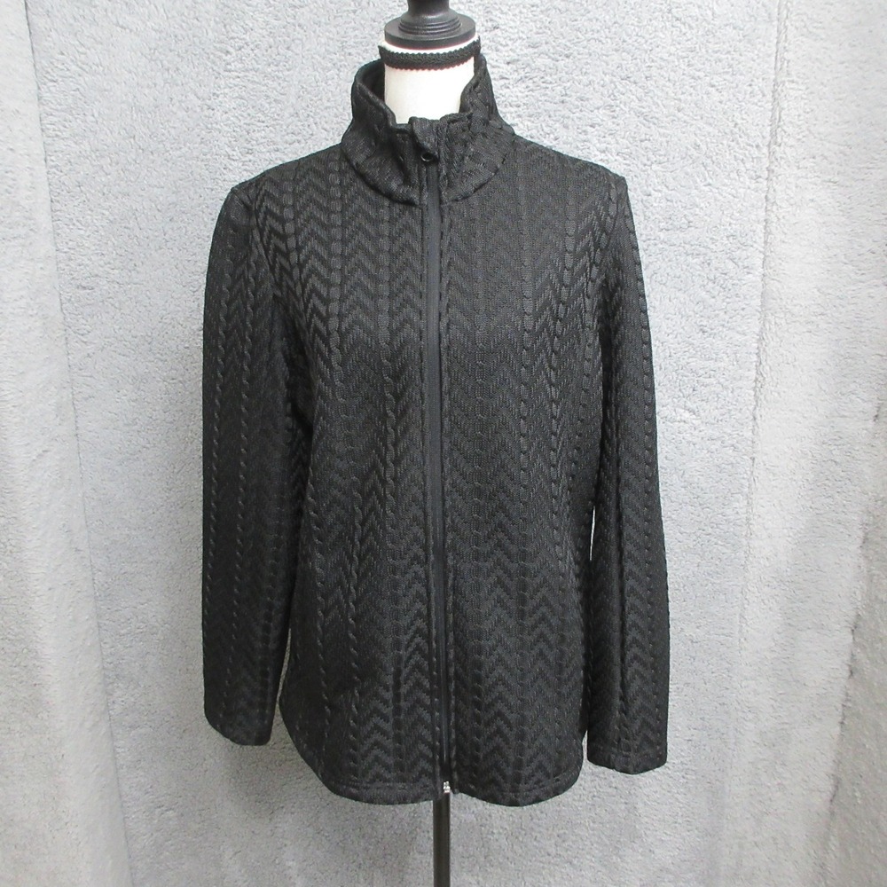 Black Raised Cable Knit Sweater Jacket Womens L Cozy Minimalist Dark Academia